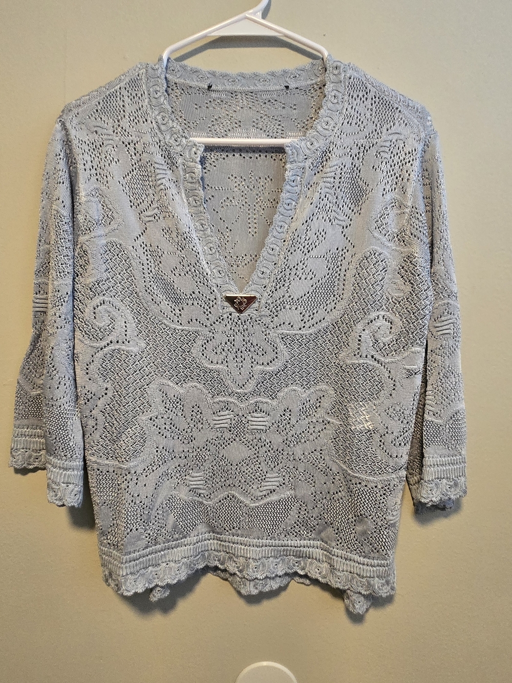 White House Black Market Light Blue Crochet V‑Neck Sweater, XS